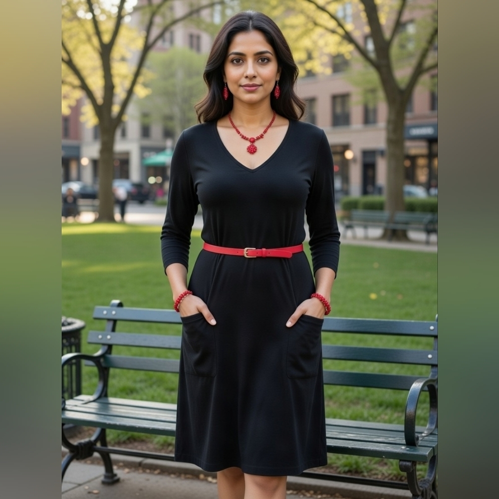 Eileen Fisher Black Jersey Knit Midi Dress Relaxed Fit